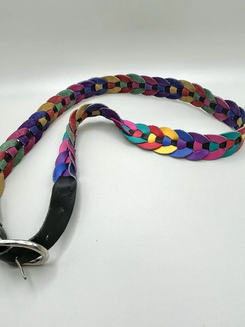 VTG 80s Rainbow Braided Genuine Leather Belt Size Large Colorblock Retro Funky